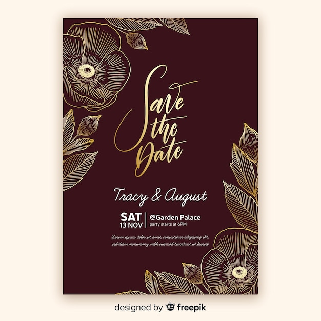 Plantilla de invitación de boda con flores doradas