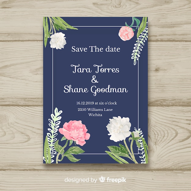 Plantilla de invitación de boda con flores peonía