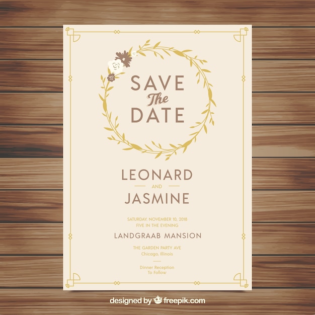 Plantilla de invitación de boda con flores planas