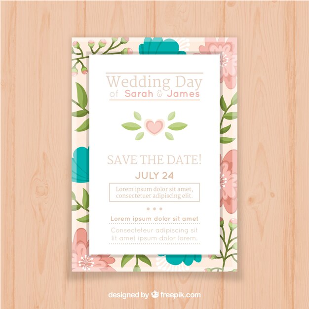 Plantilla de invitación de boda con flores planas