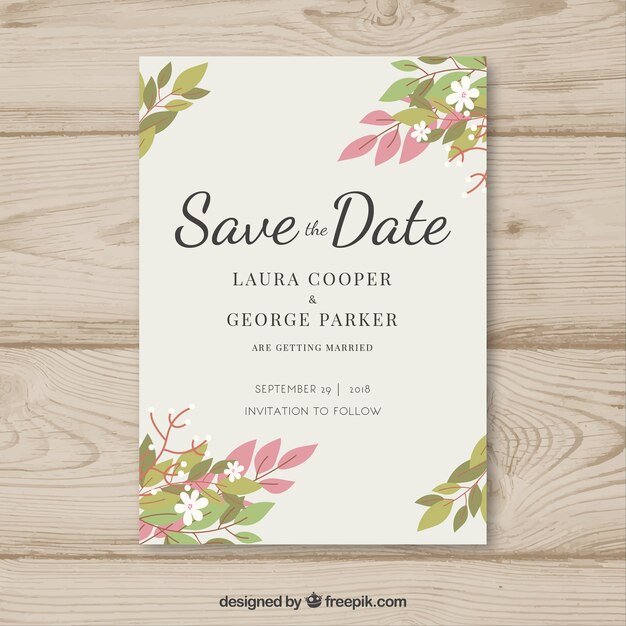 Plantilla de invitación de boda con flores planas