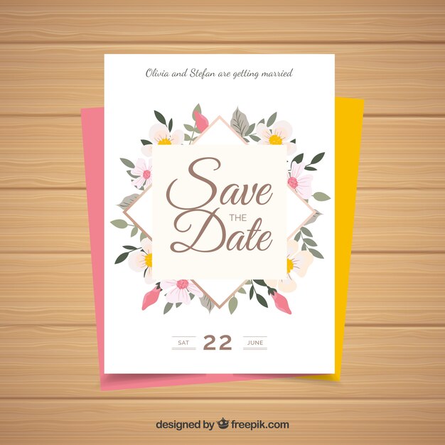 Plantilla de invitación de boda con flores planas