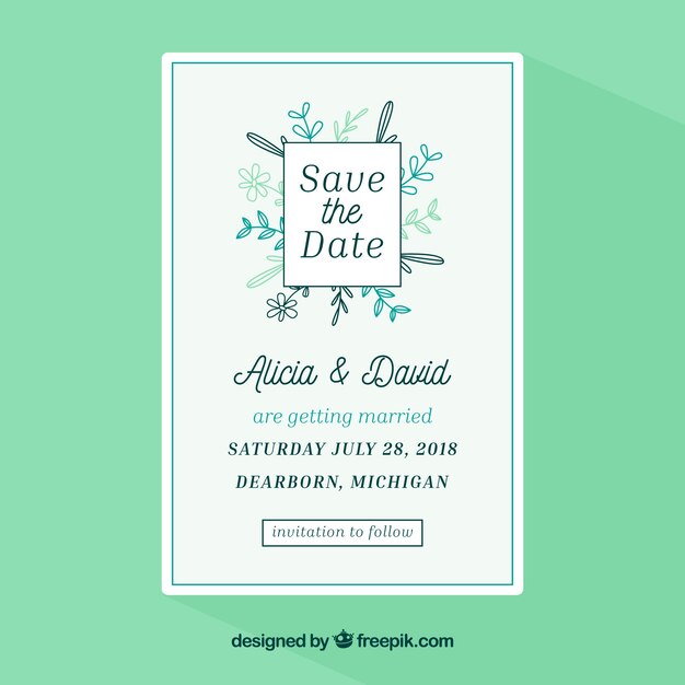 Plantilla de invitación de boda con flores planas