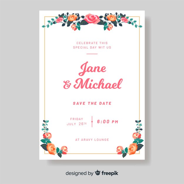 Plantilla de invitación de boda con flores