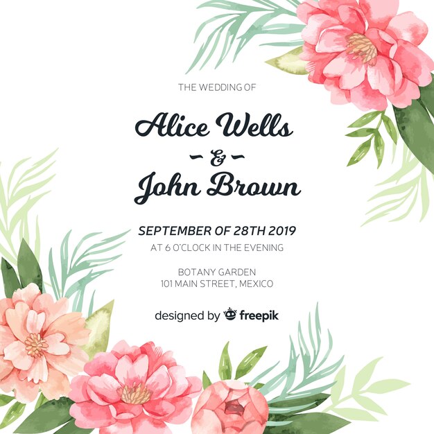 Plantilla de invitación de boda con hermosas flores peonía de acuarela