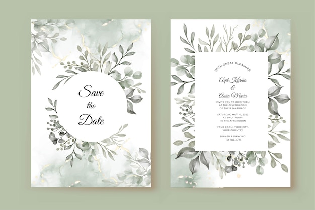 Vector gratuito plantilla de invitación de boda con hojas verdes