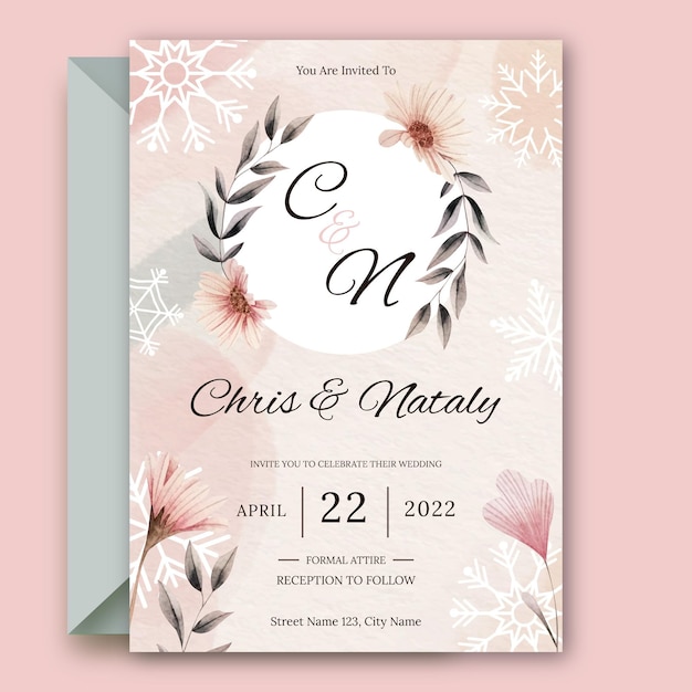 Plantilla de invitación de boda de invierno en acuarela