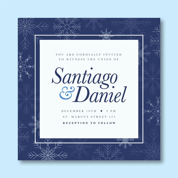 Plantilla de invitación de boda de invierno plana dibujada a mano