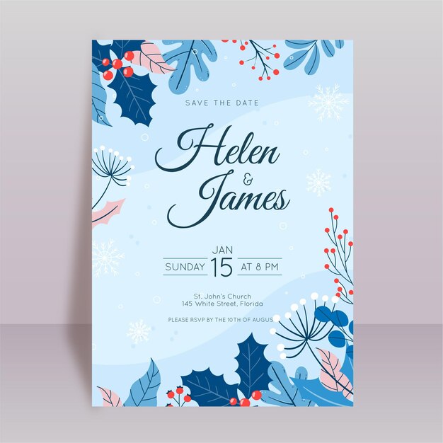 Plantilla de invitación de boda de invierno plana dibujada a mano