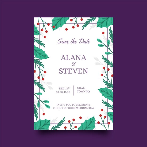 Plantilla de invitación de boda de invierno plana dibujada a mano
