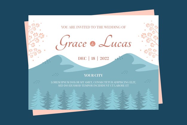 Plantilla de invitación de boda de invierno plana dibujada a mano