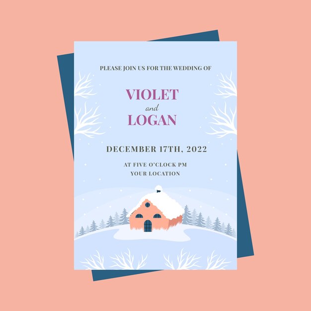 Plantilla de invitación de boda de invierno plana dibujada a mano