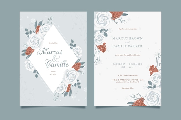 Vector gratuito plantilla de invitación de boda de invierno plana dibujada a mano