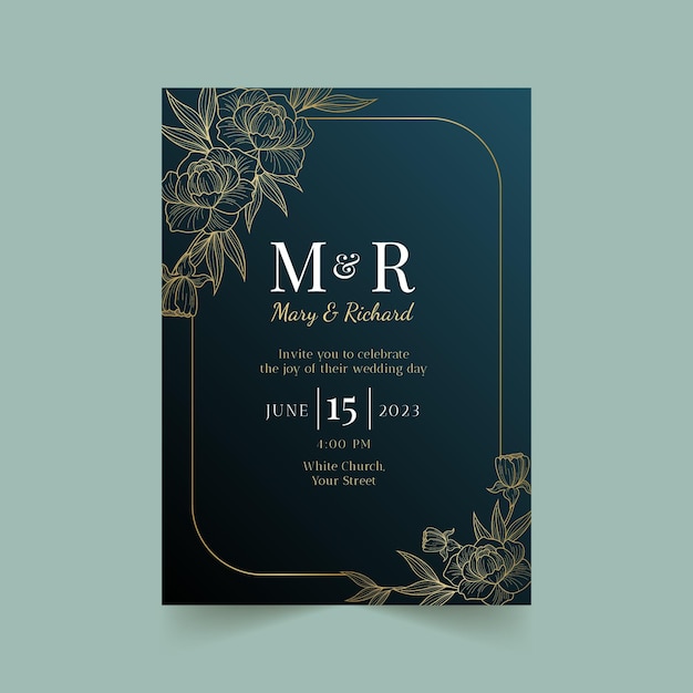 Plantilla de invitación de boda de lujo dorado degradado