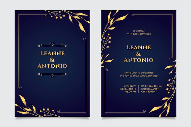 Vector gratuito plantilla de invitación de boda de lujo dorado degradado