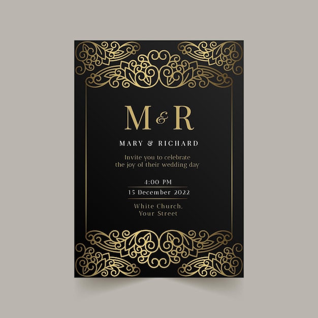 Plantilla de invitación de boda de lujo dorado degradado