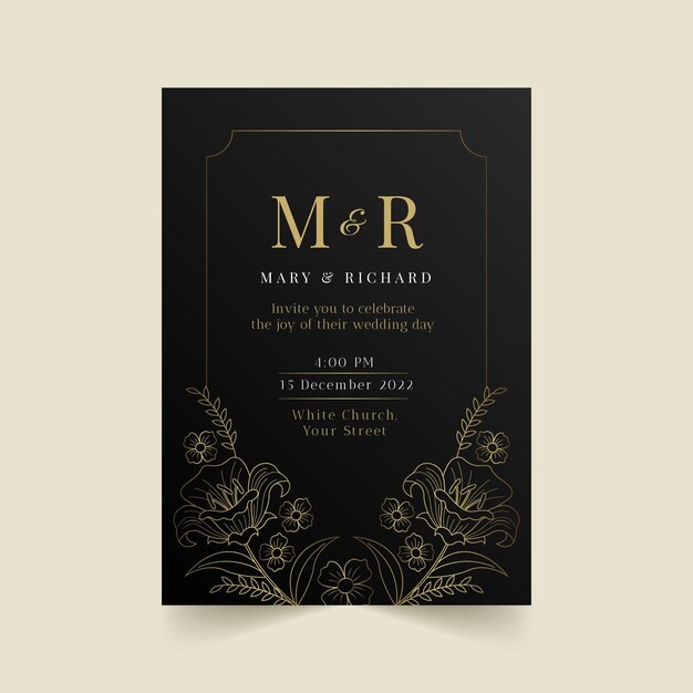 Plantilla de invitación de boda de lujo dorado degradado