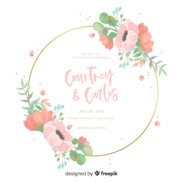 Plantilla de invitación de boda con marco floral