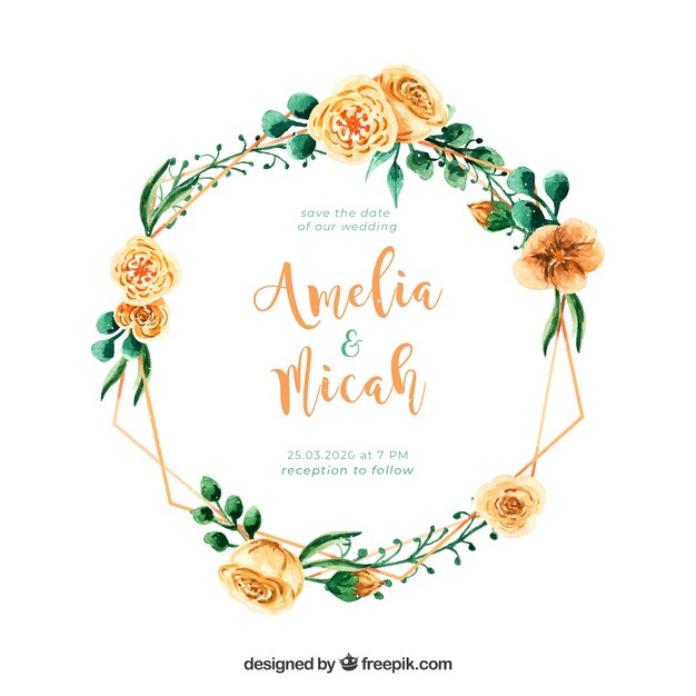 Plantilla de invitación de boda con marco floral