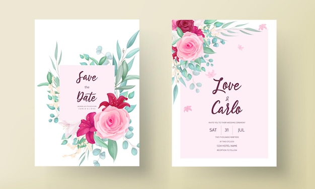 Vector gratuito plantilla de invitación de boda con marco de flores hermosas dibujadas a mano
