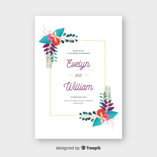 Plantilla de invitación de boda con marco de flores