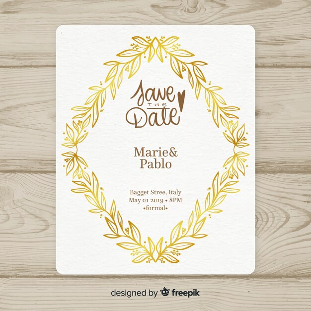 Plantilla de invitación de boda con marco de hojas doradas