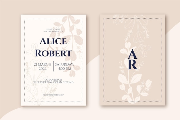 Plantilla de invitación de boda mínima dibujada a mano de grabado