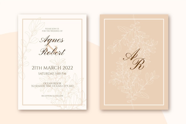 Plantilla de invitación de boda mínima dibujada a mano de grabado