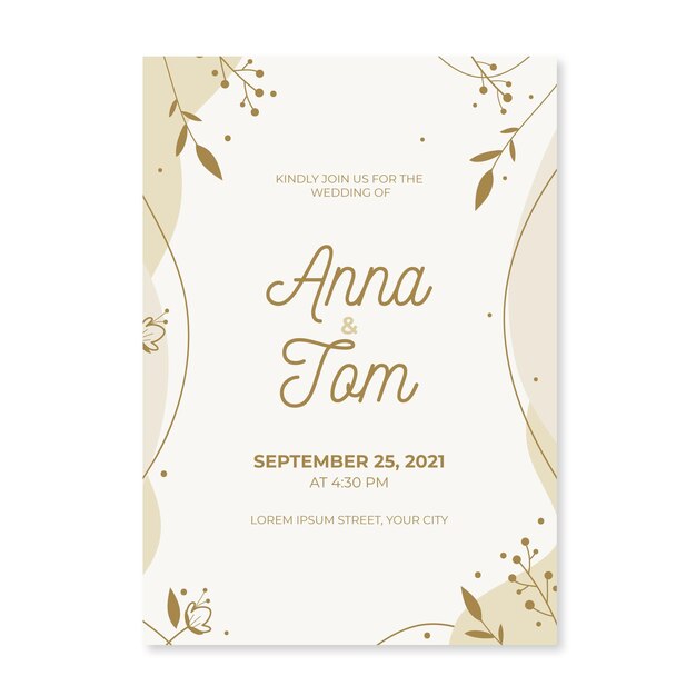 Plantilla de invitación de boda minimalista plana orgánica