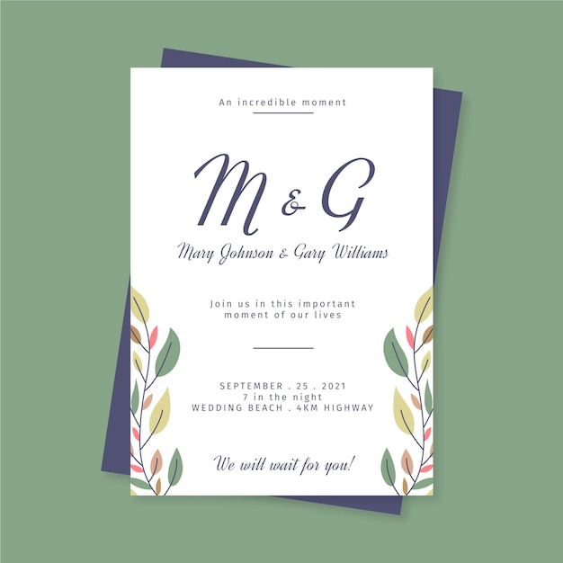 Plantilla de invitación de boda minimalista plana