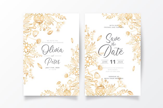 Plantilla de invitación de boda con naturaleza dorada