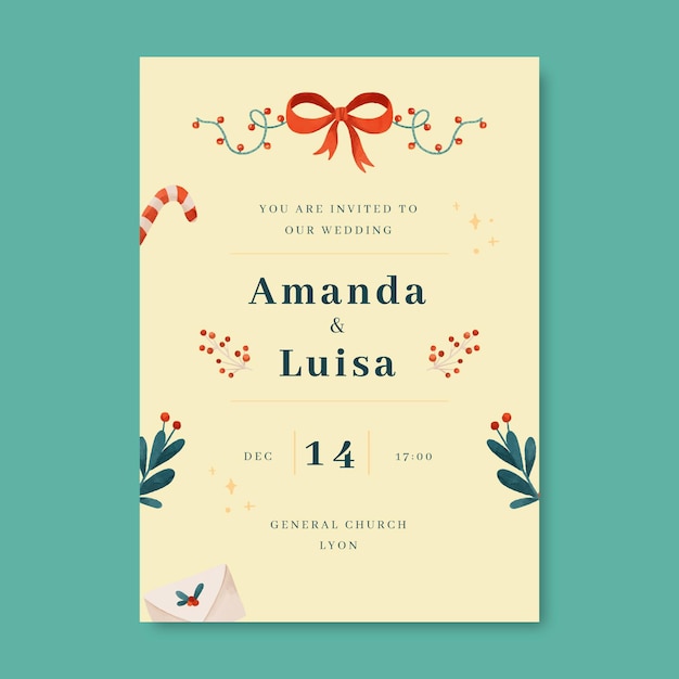 Vector gratuito plantilla de invitación de boda de navidad en acuarela