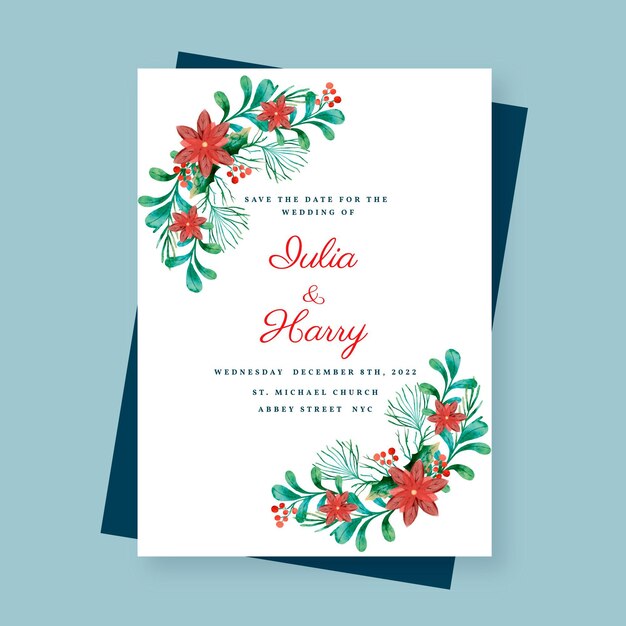 Plantilla de invitación de boda de navidad en acuarela