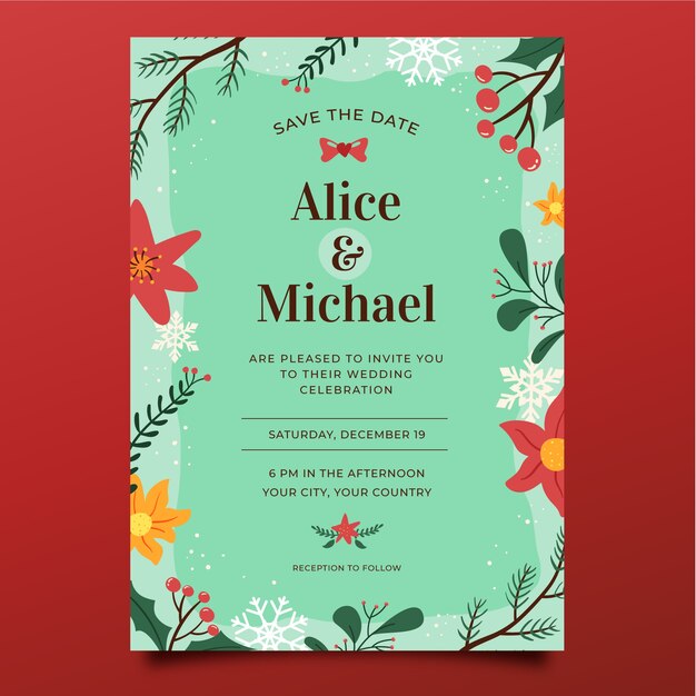 Plantilla de invitación de boda de navidad dibujada a mano