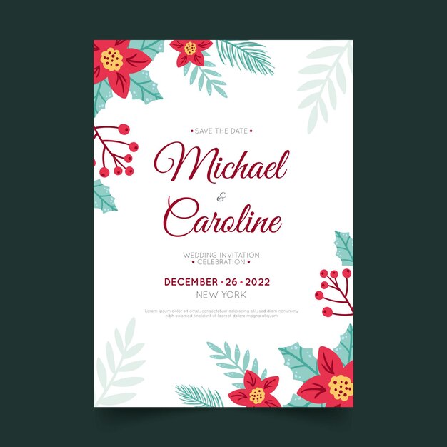 Plantilla de invitación de boda de navidad plana dibujada a mano