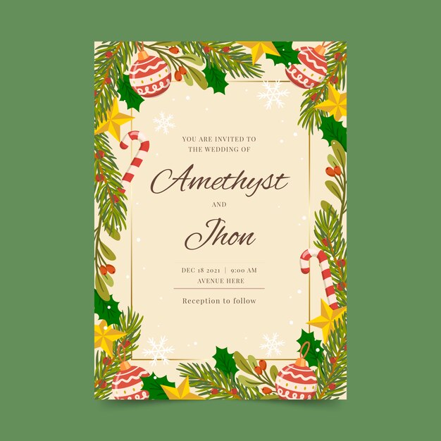 Plantilla de invitación de boda de navidad plana dibujada a mano
