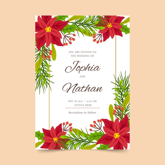 Plantilla de invitación de boda de navidad plana dibujada a mano