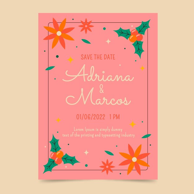 Plantilla de invitación de boda de navidad plana dibujada a mano