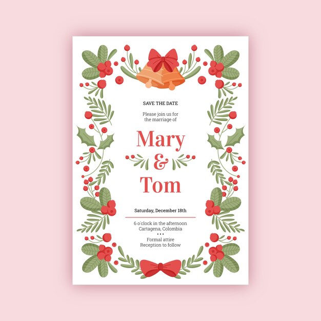 Plantilla de invitación de boda de navidad plana dibujada a mano