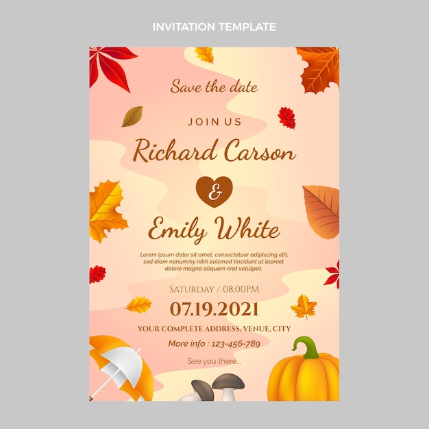 Vector gratuito plantilla de invitación de boda de otoño realista