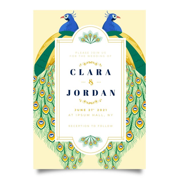 Plantilla de invitación de boda con un pavo real
