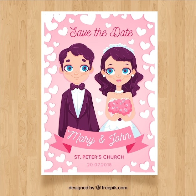 Vector gratuito plantilla de invitación de boda con personajes planos