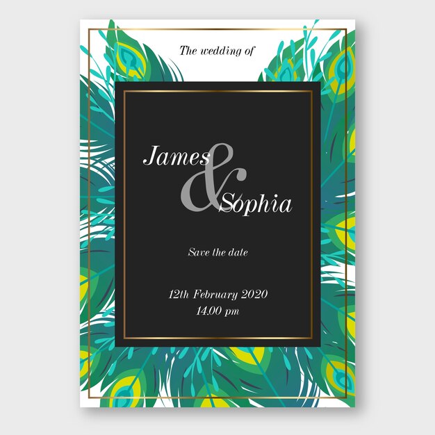 Plantilla de invitación de boda con plumas de pavo real