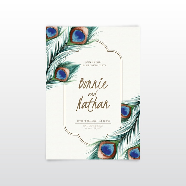 Plantilla de invitación de boda con plumas de pavo real