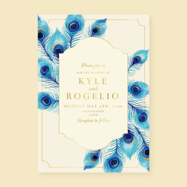 Plantilla de invitación de boda con plumas de pavo real