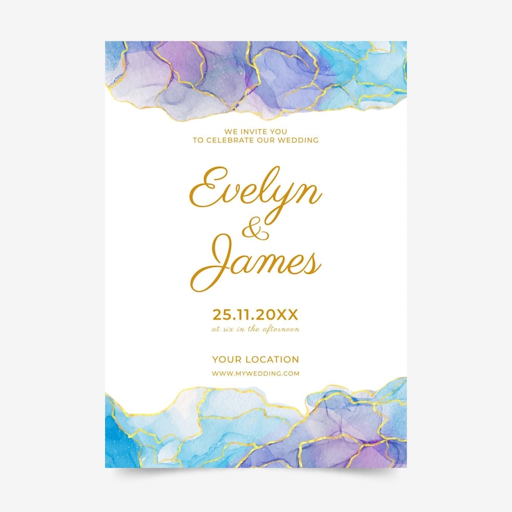 Vector gratuito plantilla de invitación de boda con tinta de alcohol acuarela