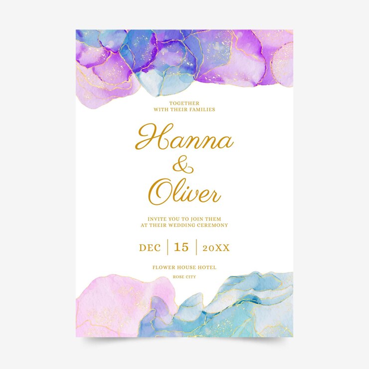 Vector gratuito plantilla de invitación de boda con tinta de alcohol acuarela