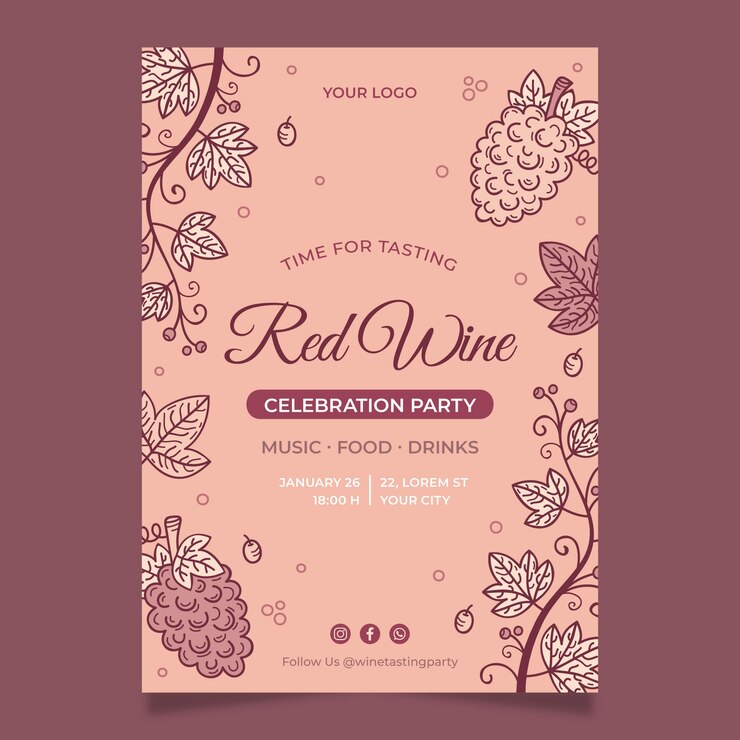 Vector gratuito plantilla de invitación de cata de vinos y viñedos