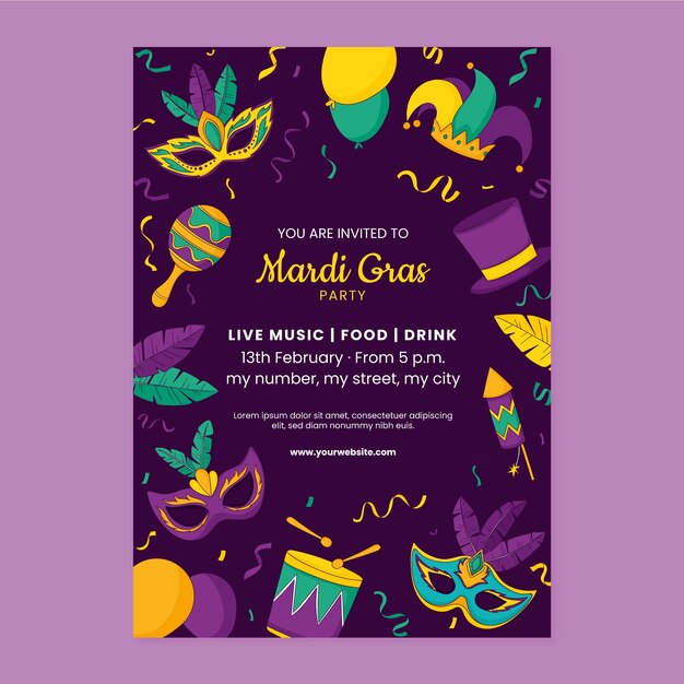 plantilla de invitación para la celebración del carnaval de Mardi Gras