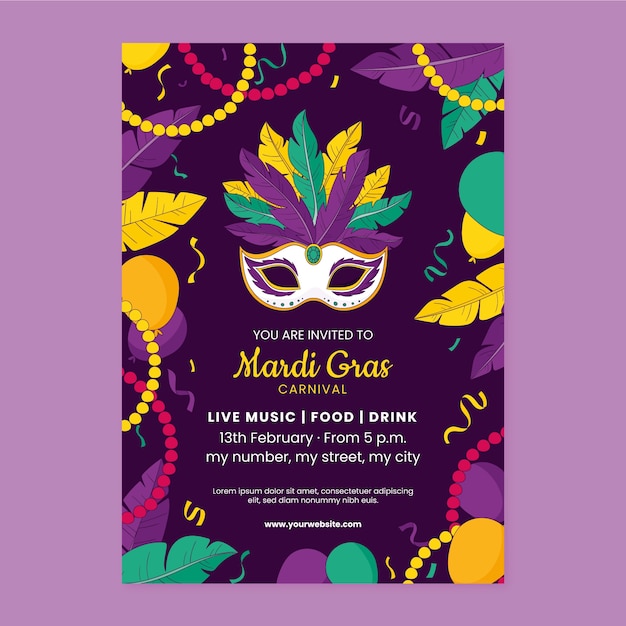 Plantilla de invitación para la celebración del carnaval de mardi gras